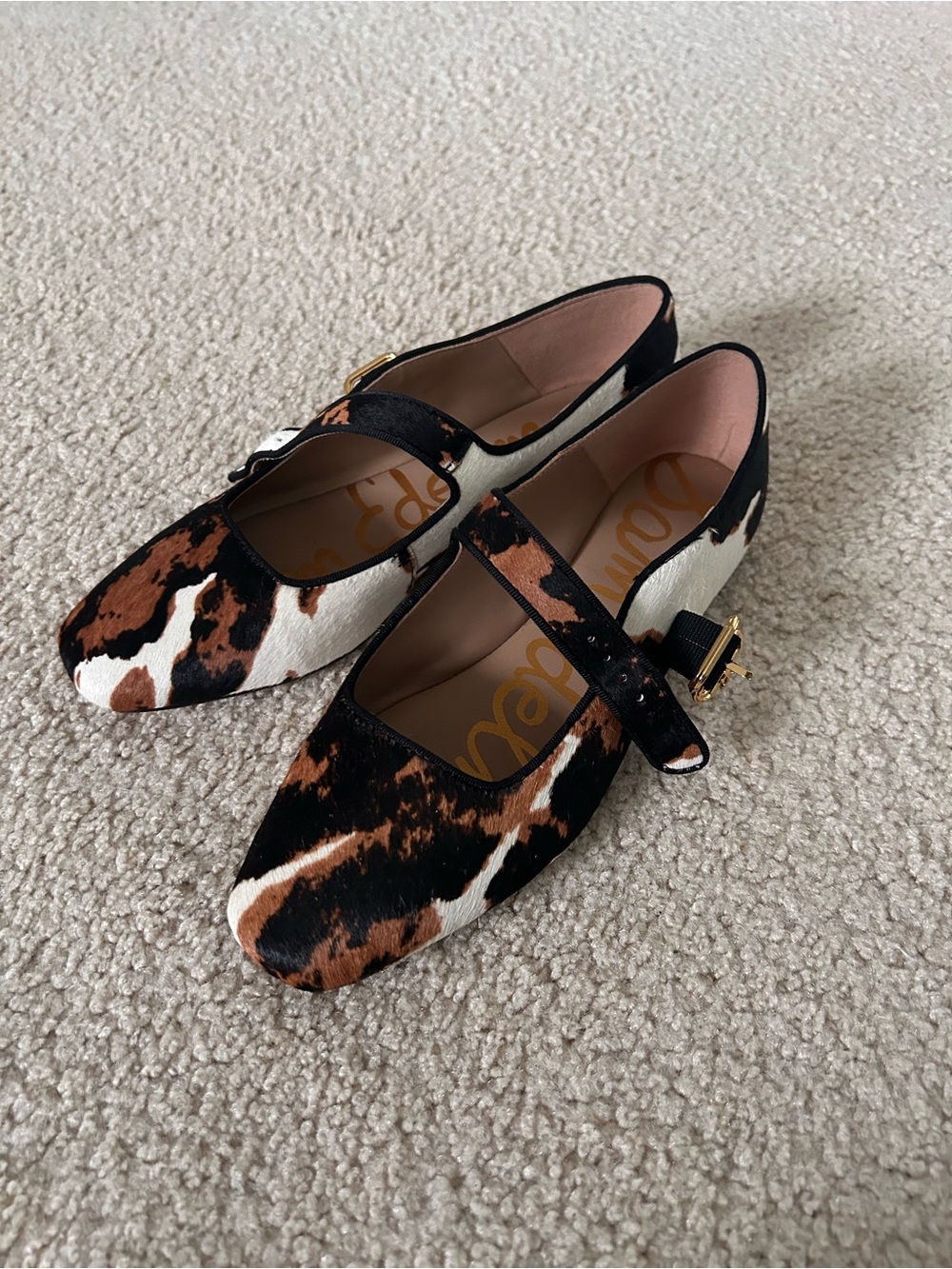 Sam Edelman Cow-Print Mary Jane Flats in Black, Brown & White